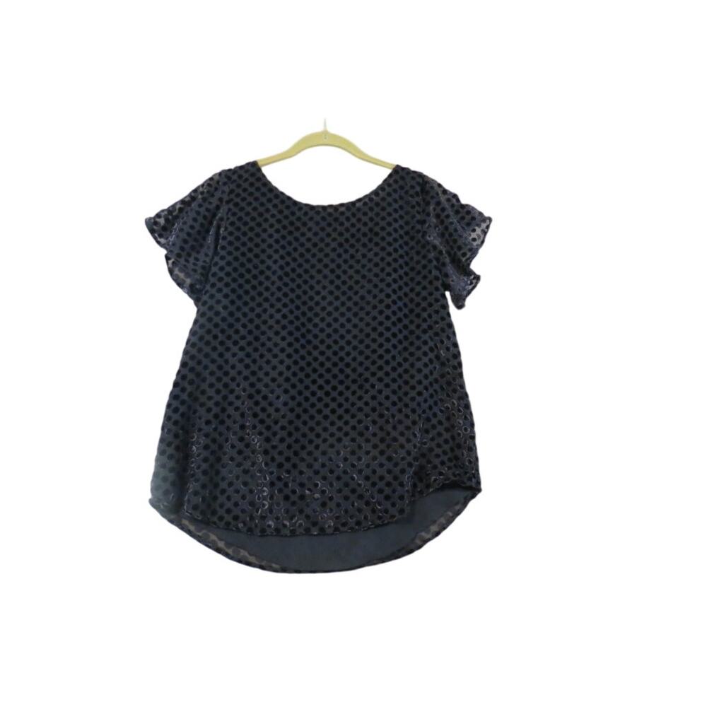 LOFT Black Velvet Burnout Flutter Sleeve Top Women's M Polka Dot Blouse